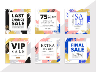 Modern promotion square web banner for social media mobile apps. Elegant sale or discount promo background with abstract brush stroke pattern. Email newsletter layout.