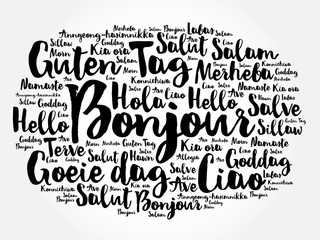 Bonjour (Hello Greeting in French) word cloud in different languages of the world, background concept