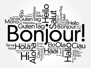 Bonjour (Hello Greeting in French) word cloud in different languages of the world, background concept