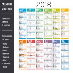 Fototapeta premium Calendrier 2018 modifiable (éléments isolés sur calques, textes en ARIAL éditables et vectorisés)