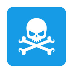 Icono plano craneo con tibias en cuadrado azul