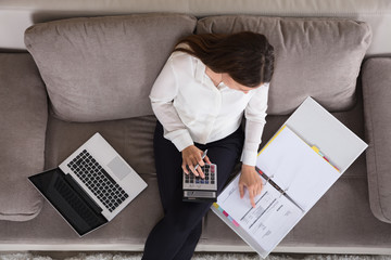 Accountant Woman Calculating Finance Invoice Using Calculator
