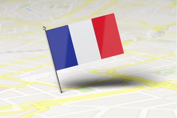 France national flag location pin stuck into a city road map. 3D Rendering