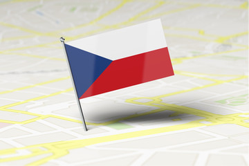 Czech Republic national flag location pin stuck into a city road map. 3D Rendering