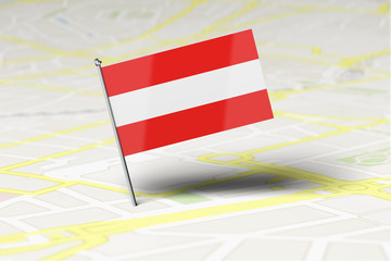 Austria national flag location pin stuck into a city road map. 3D Rendering