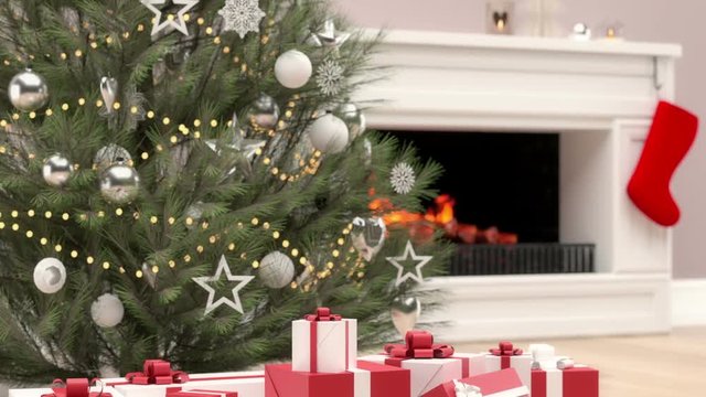 Christmas tree and gift on fireplace background