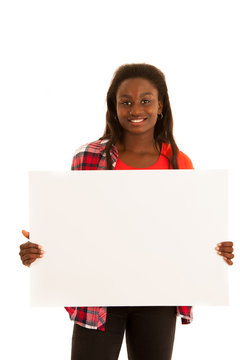 Active young woman holding blank white banner for additional graphics or text isolated over white background