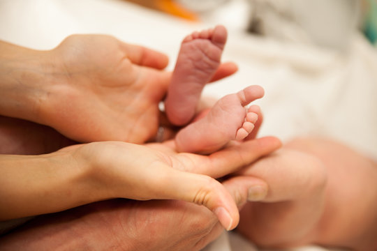 mother and father holds baby feet