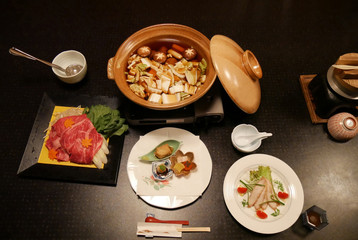 Raw beef slice and vagetables for Japanese style sukiyaki