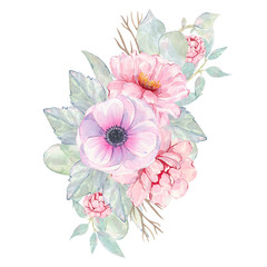 Watercolor hand painted flower pink anemone and peony bouquet isolated on white background