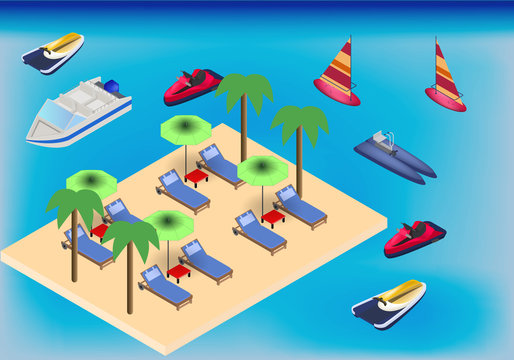 Isometric beach and sea with armchairs, umbrella and water transport