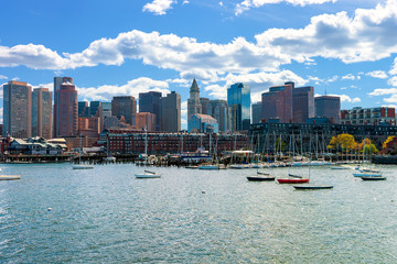 Floating boats with the skyline Boston MA America