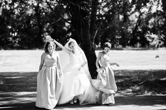 Happy bride having fun with her cool fun bridesmaids in the park on a wedding day. Black and white photo.
