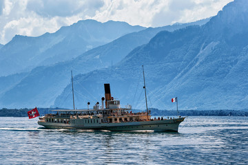 Excursion ship on Geneva Lake of Montreux Swiss Riviera