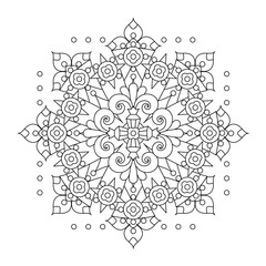 Abstract mandala, centerpiece or whimsical snowflake line art design or coloring page
