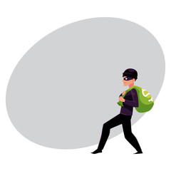 Thief, robber, burglar trying to escape with a money bag, cartoon vector illustration with space for text. Full length portrait of burglar, thief, robber in black disguise stealing money bag