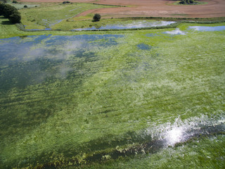 
Aerial view of flooded agricultural fields after storm with heavy rain in germany