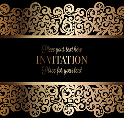 Antique baroque wedding invitation, gold on black
