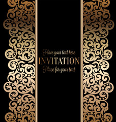 Antique baroque wedding invitation, gold on black