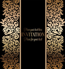 Antique baroque wedding invitation, gold on black