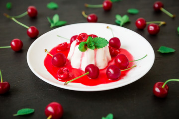 Tasty jelly with cherry berries, traditional Italian dessert
