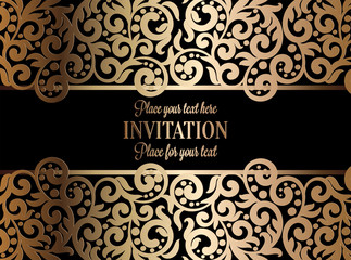 Antique baroque wedding invitation, gold on black