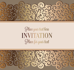 Antique luxury wedding invitation, gold on beige - obrazy, fototapety, plakaty