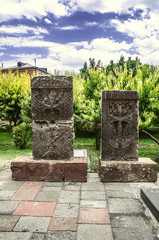  Medieval tombstones stone carved cross on the territory of the Church of Martyr Gayane in Etchmiadzin

