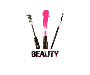 Beauty inscription sign. Set for make-up: lipstick, mascara, eyeliner. logo vector illustration