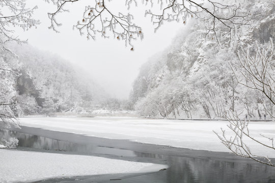 Frozen lakes in Plitvice Lakes National Park, Croatia, Europe