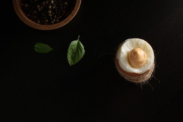 Boiled egg chicken wooden dark background