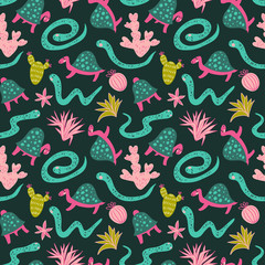 Seamless pattern of desert plants, turtles and boas. Vector stylish design for fabric, wrap paper or wallpaper.