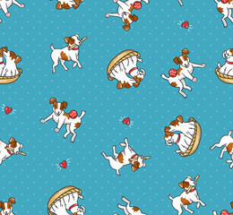 Cartoon Jack Russell Terriers. Puppies playing  with  balls. Vector illustration. Funny design with dogs for fabric, wallpaper or wrap paper.