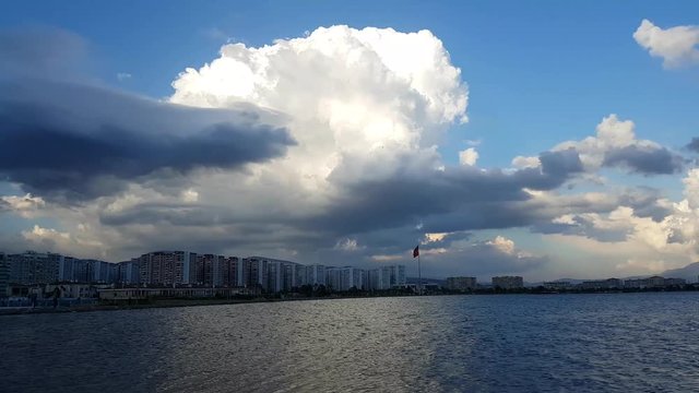 Panoramic view of Izmir city  Blue sky with gray, white and black clouds. 