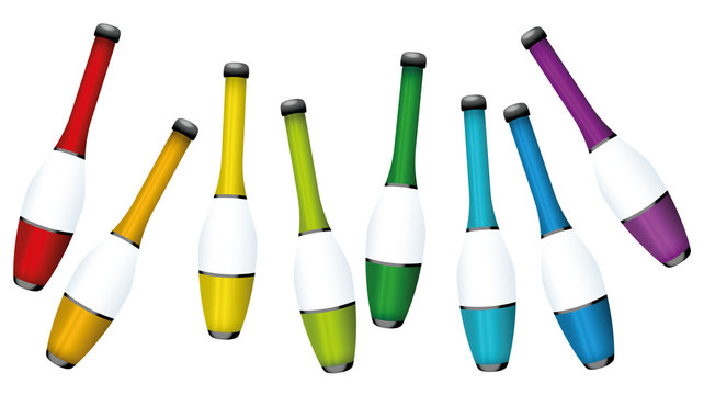 Juggling clubs, colored collection - three-dimensional isolated vector illustration on white background.