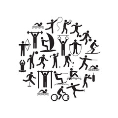 Sport Icon Playing People Black Round Design Template Set. Vector