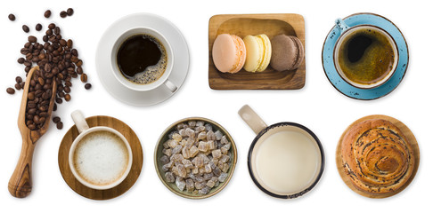 Different cups of coffee and sweets isolated on white background