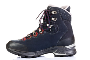 Tourist boots for mountain hikes with reinforced soles and membrane material.