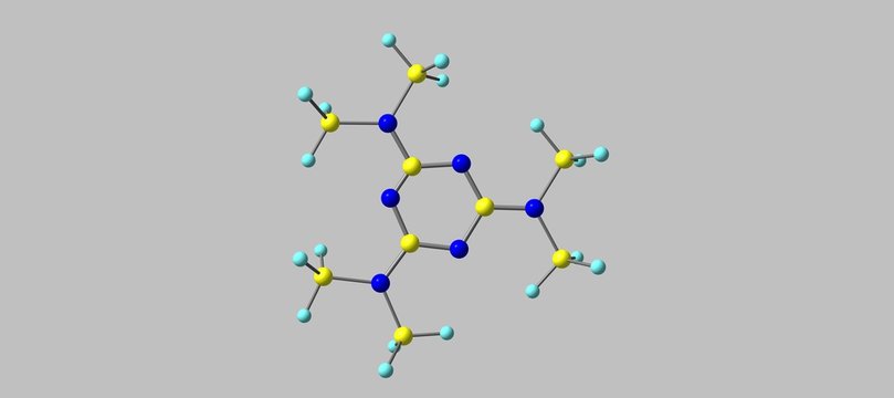 2,4,6-trisdimethylamino-1,3,5-triazine molecular structure isolated on grey