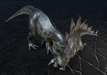 T-Rex erlegt Stegosaurus, 3D-Rendering © Martin