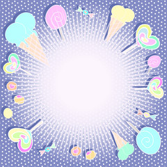 Beautiful pastel violet template with sweets for cards