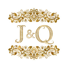 J and Q vintage initials logo symbol. The letters are surrounded by ornamental elements. Wedding or business partners monogram in royal style.