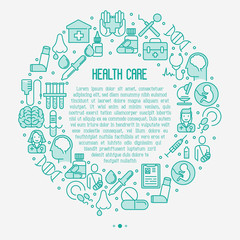 Health care concept in circle with thin line icons related to hospital, clinic, laboratory. Vector illustration for conclusion, banner, web page.