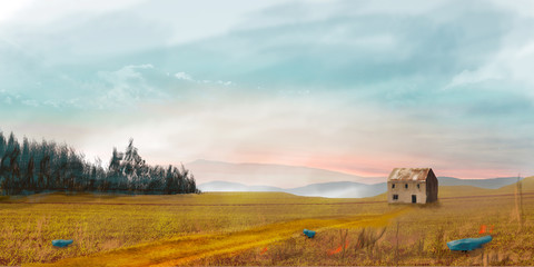 Sci-fi landscape with house, trees and sky, digital painting