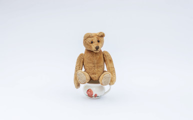 Baby teddy bear sits on jordan and peeing