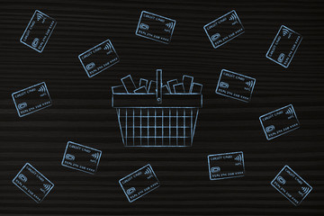 shopping basket surrounded by credit cards