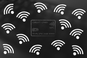 credit card surrounded by flying wi-fi symbols