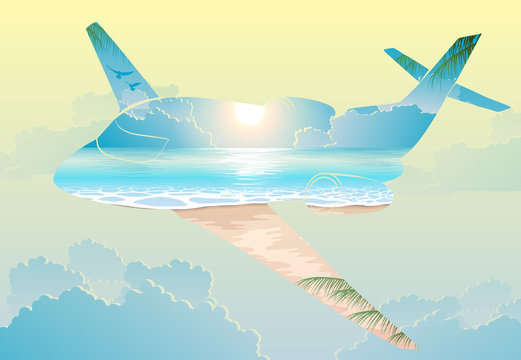 Double exposure, airplane flight on exotic islands
