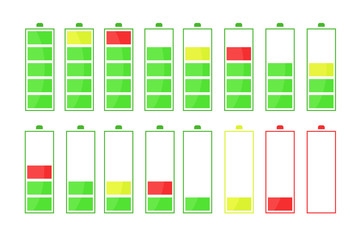 the sequence of battery discharge. a fully charged and a discharged battery in different colors. Vector illustration.