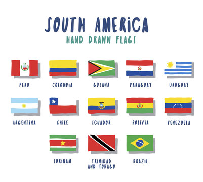 Set of flags of South American countries. Vector hand drawn illustrations, cartoon style